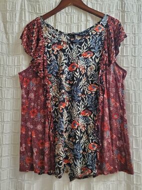 Lucky Brand Black, Blue and White Floral Print Top with Red Accents